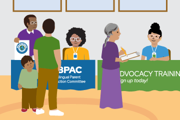 families and teachers at a school info fair