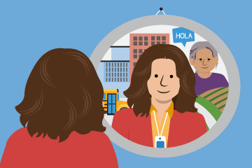 teacher looking in mirror