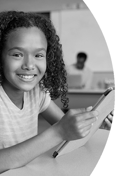 Smiling girl holds an electronic tablet